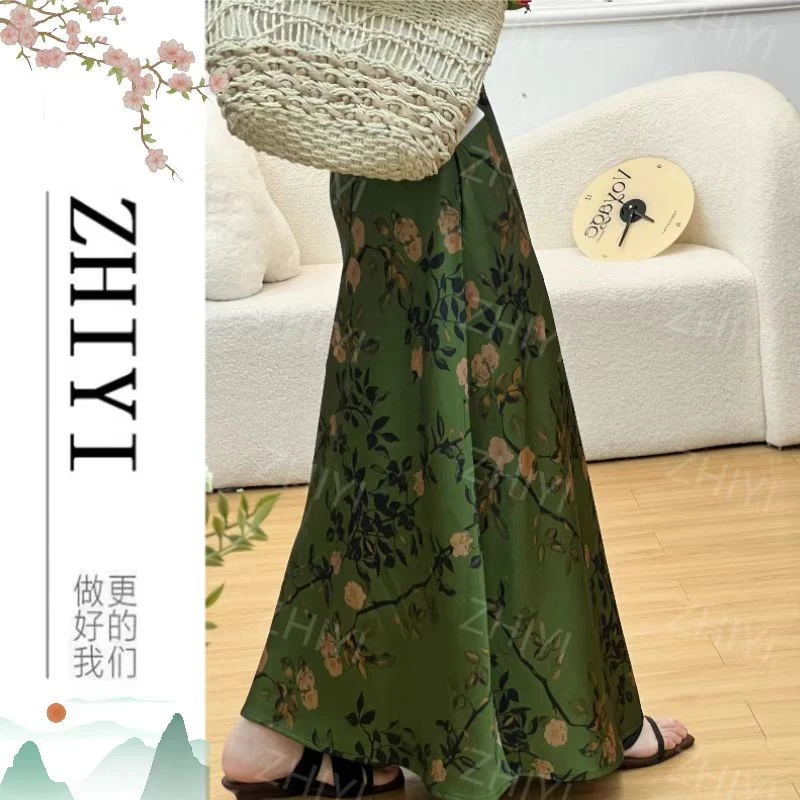 复古绿色印花鱼尾裙女2025夏季新款醋酸缎面垂感百搭显瘦中长裙子