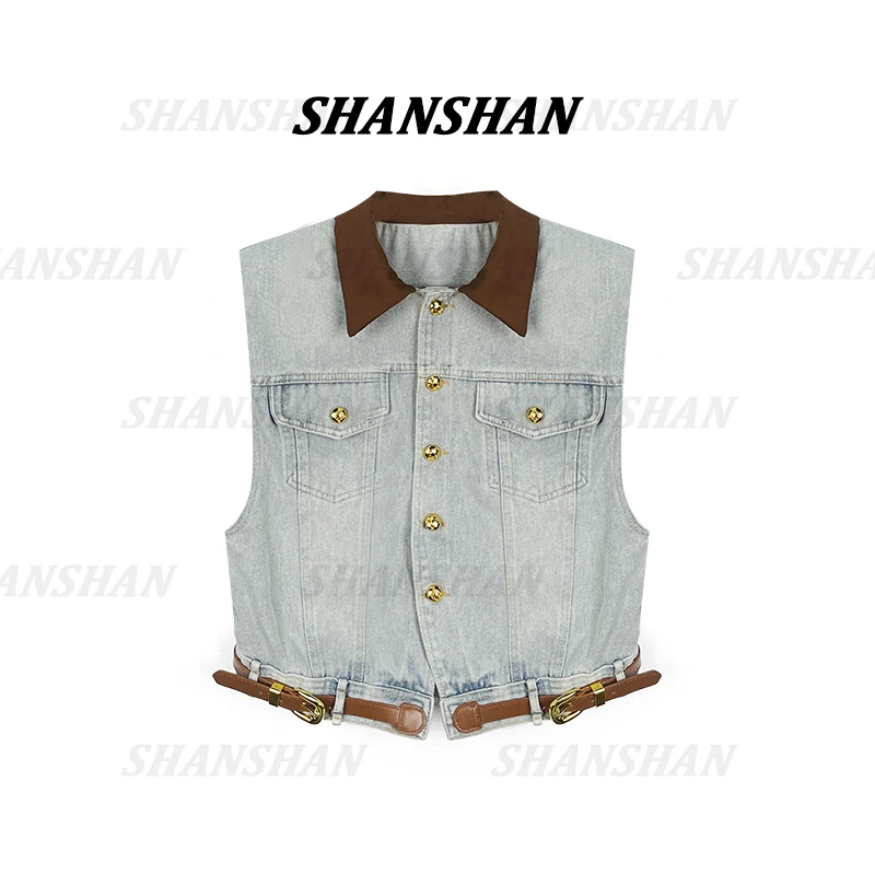 【SANSAN】小众复古拼色百搭设计款无袖牛仔马甲DY-2726