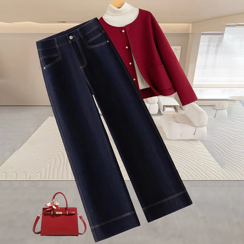 九分小个子阔腿牛仔裤女2025新款秋冬季高腰显瘦垂感直筒女装裤子