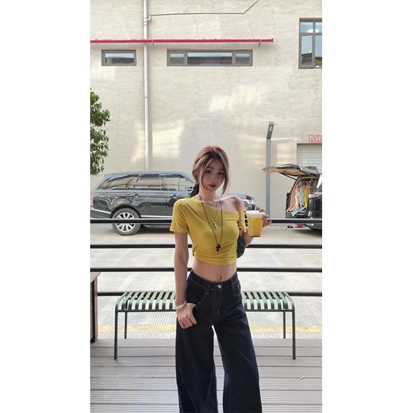 韩系黄色不规则斜肩短袖T恤女春夏辣妹纯欲露肩上衣休闲裤套装