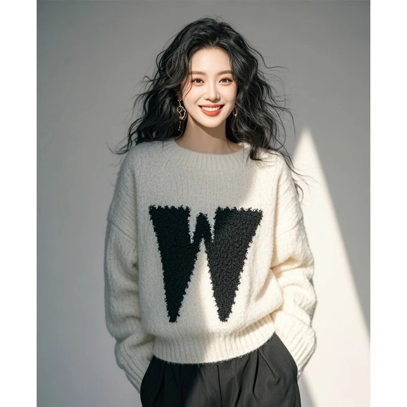 2025新款韩系高级感冬天好看的内搭毛衣宽松加厚W字母针织上衣女