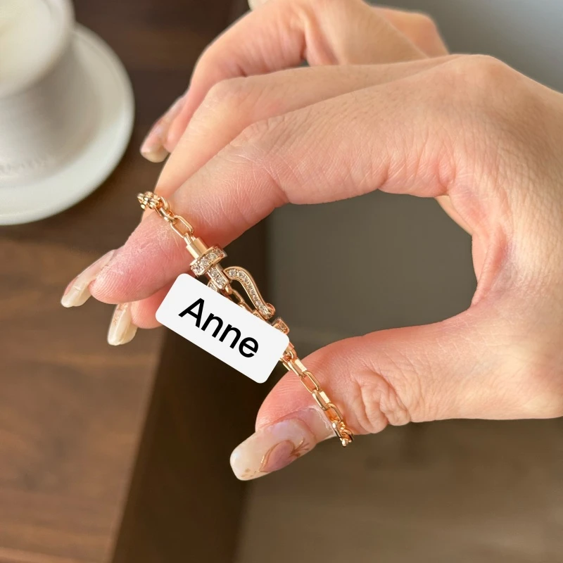 铜合金手链 方格链马蹄扣镶锆U型吊坠气质可拆卸手链【S303】