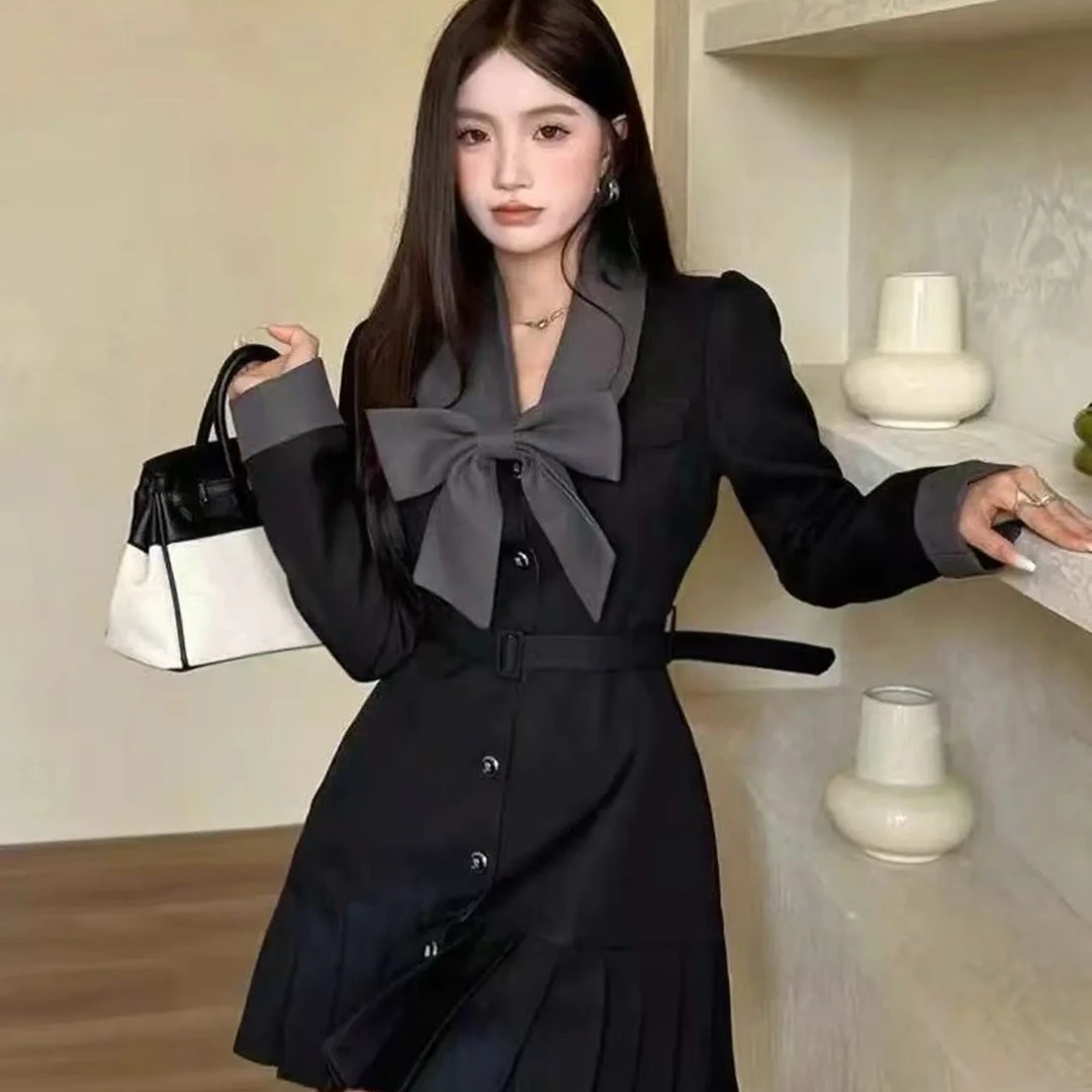 秋冬法式收腰显瘦百褶西装连衣裙蝴蝶结设计高级感气质款