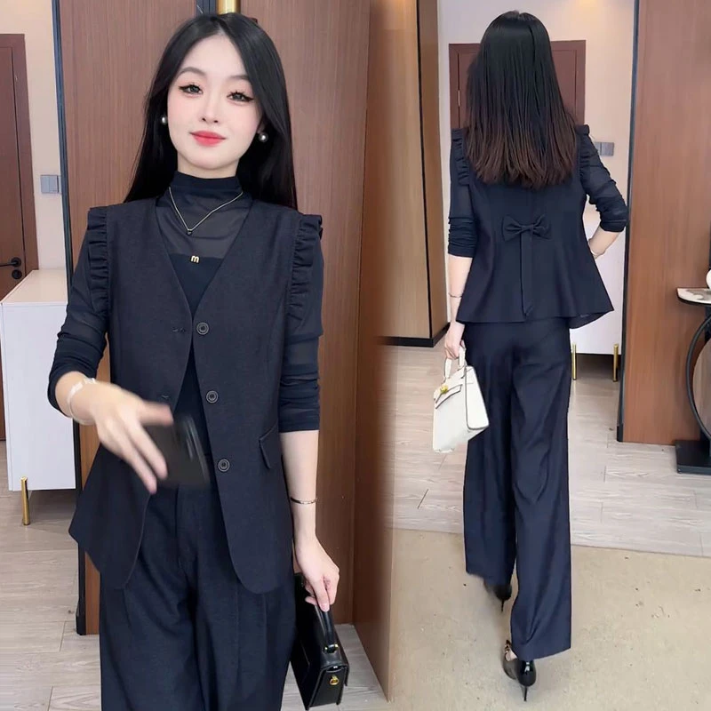 时尚套装女2025秋季新款时髦洋气马甲长袖打底衫阔腿裤气质三件套