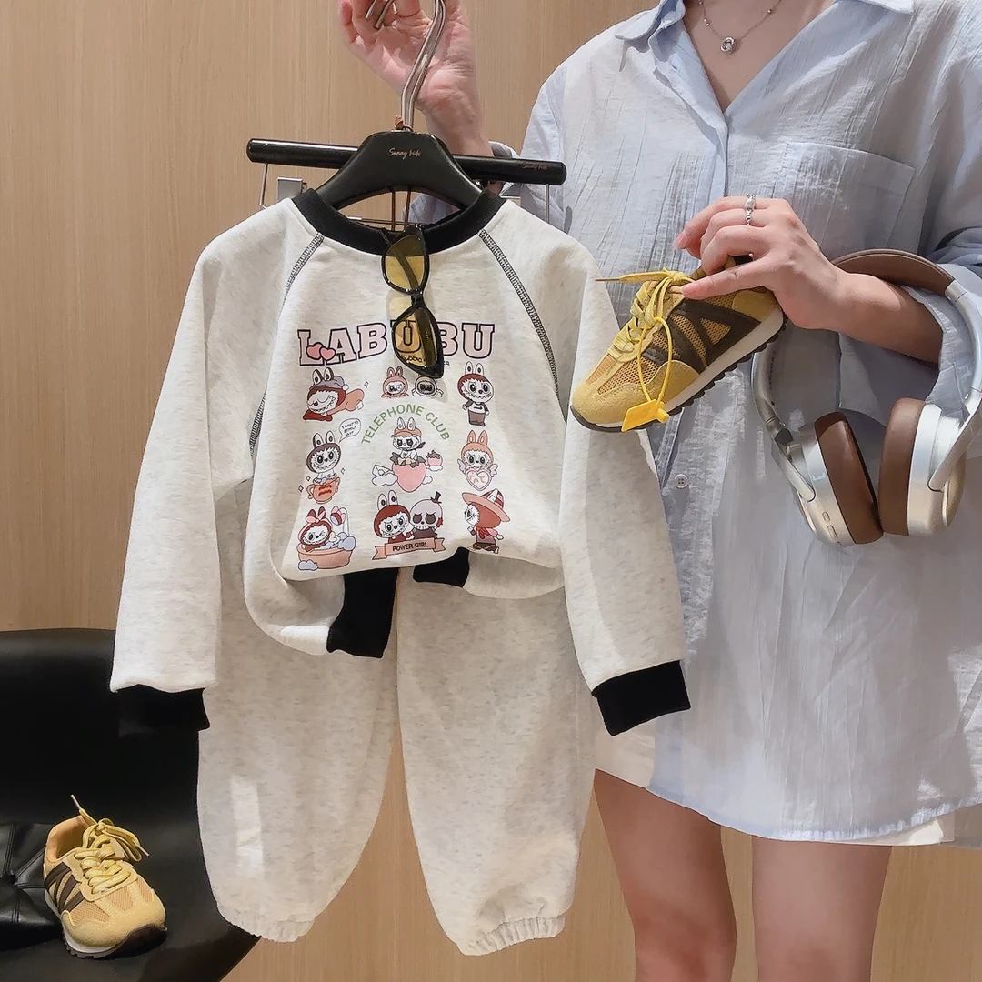 儿童春秋新款无骨卫衣套装中大童休闲上衣印花套装男女童两件套潮
