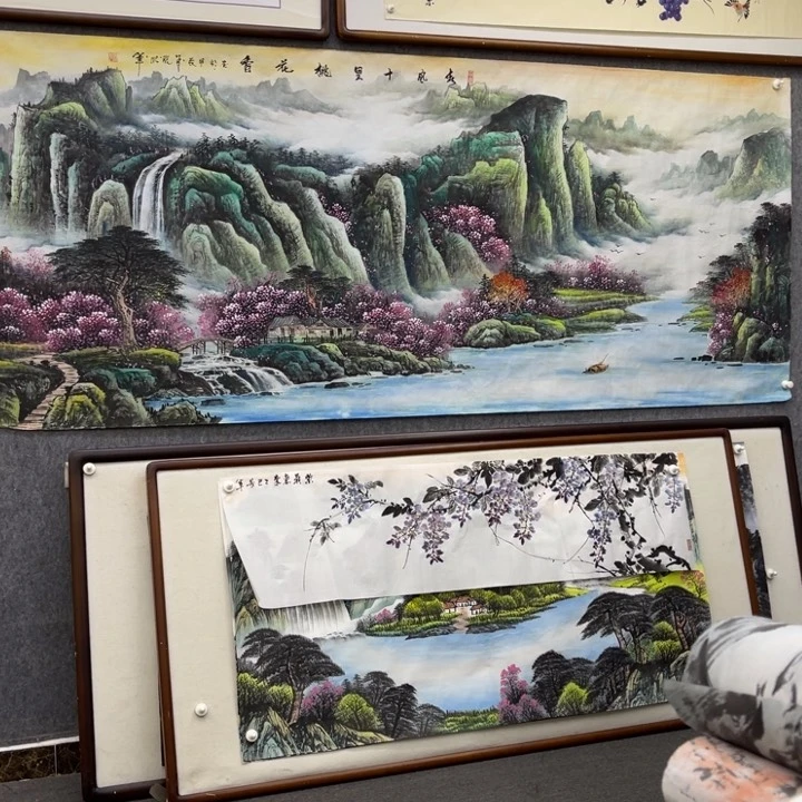 国画八尺春风十里桃花香青绿山水画芯