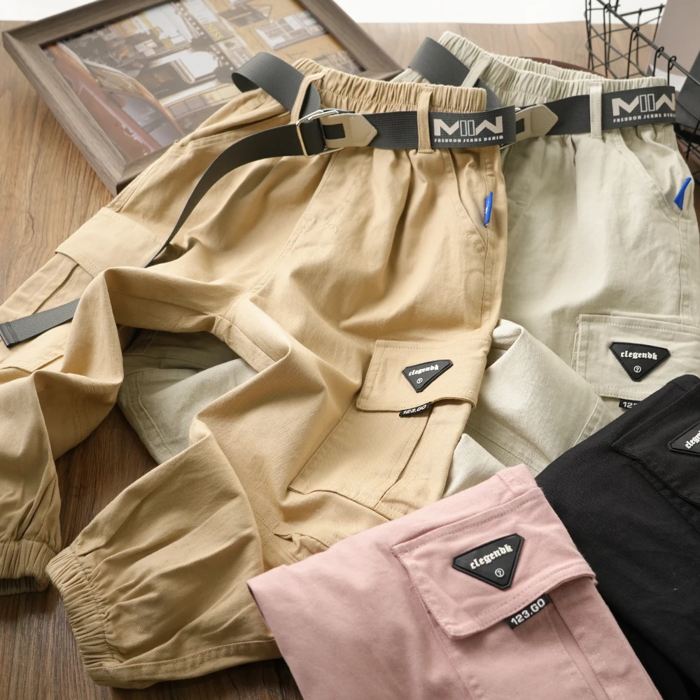 春季新款休闲儿童腰带口袋工装裤男童中大童百搭长裤1076