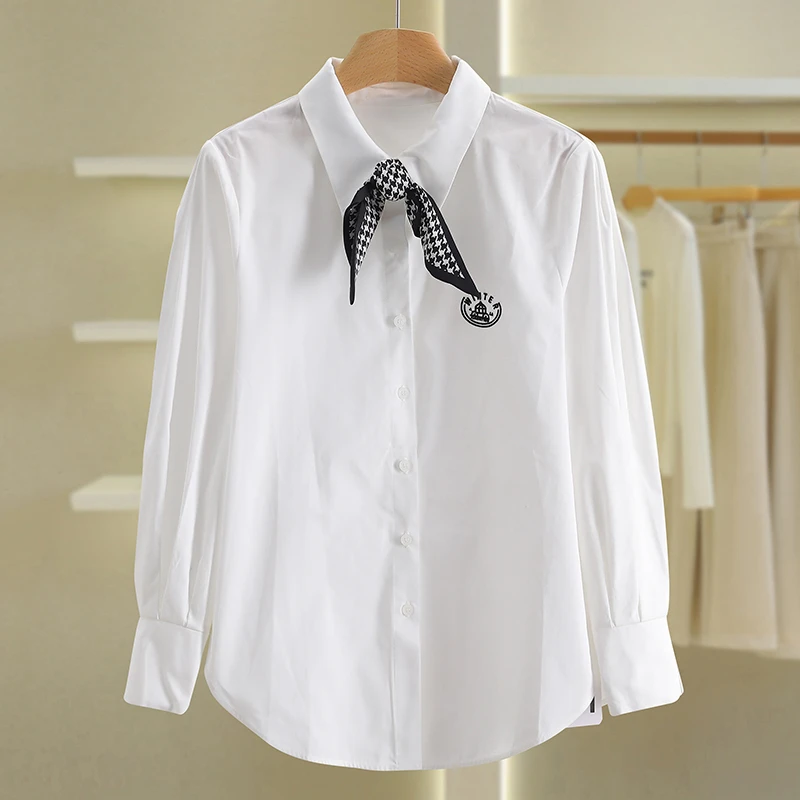 【伍莎-自营】通勤千鸟格丝巾宽松长袖衬衫#BXY48S013