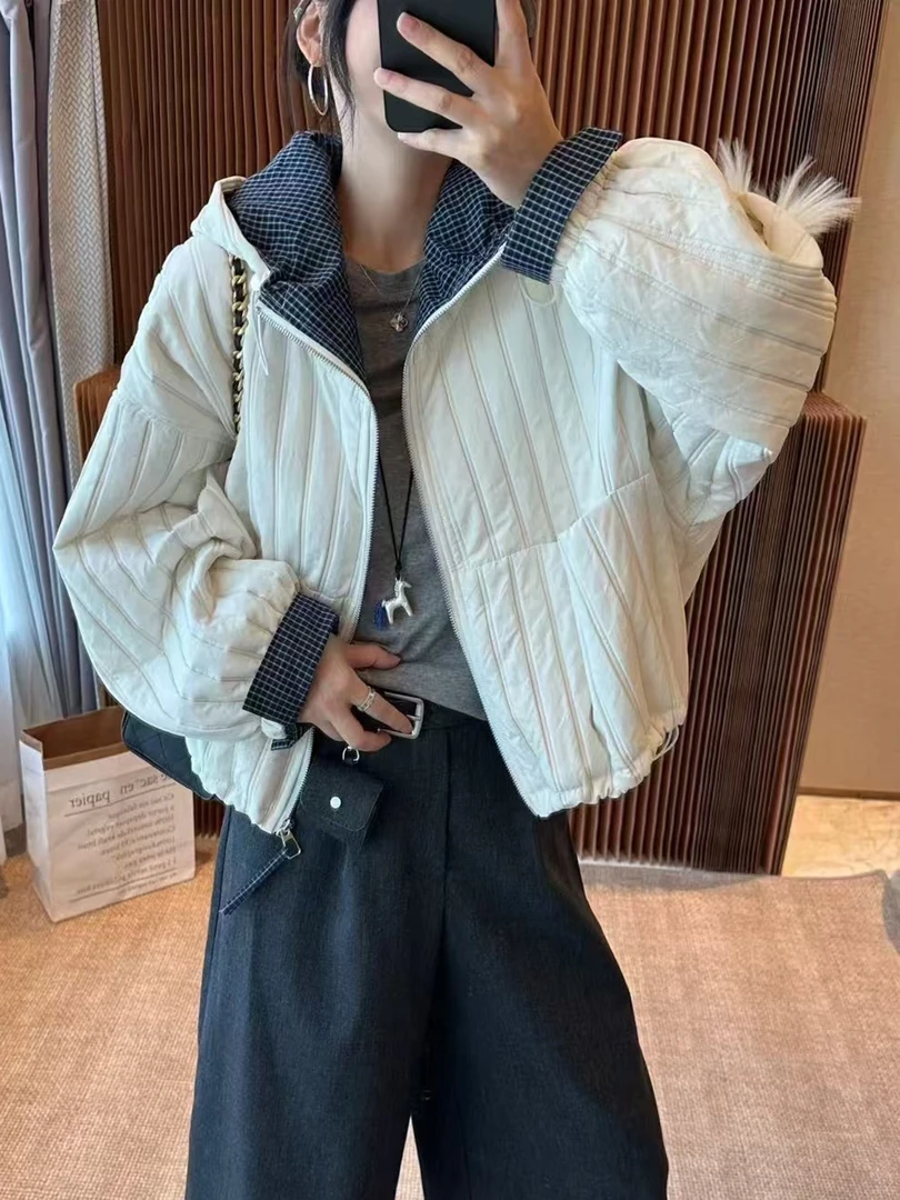 格子拼接连帽外套女2025新款秋冬独特超好看棉衣女款棉服袄子