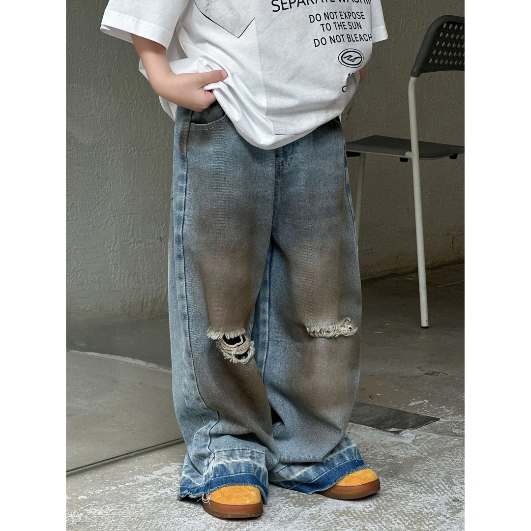 in 爱：qm25春季男童美式牛仔裤儿童帅气宽松阔腿裤直筒脏脏裤2505