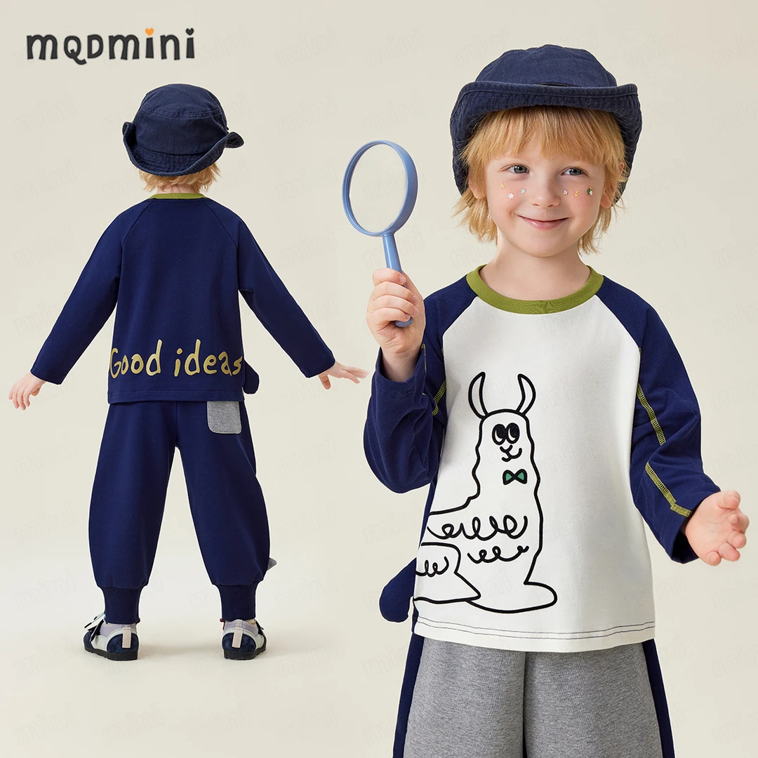 MQDMINI【会叫的T恤】秋季新款童装男童女童拼色简约可爱印花上衣