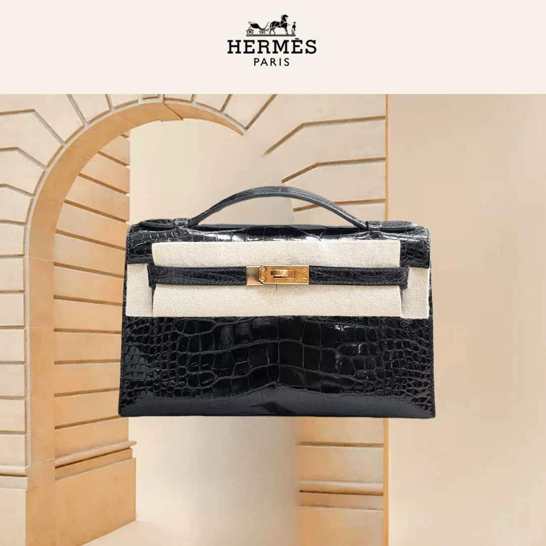 99新 Hermes/爱马仕 minikelly一代 黑金方块亮面鳄 Y刻包