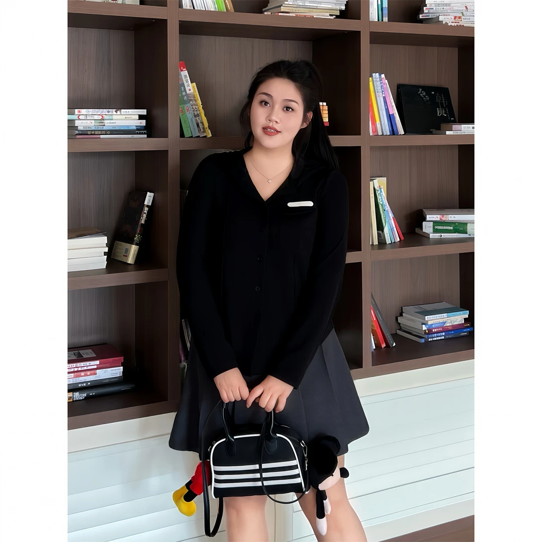 大码女装秋季小众显瘦花契200斤胖mm修身显瘦连帽长袖T恤4421-F