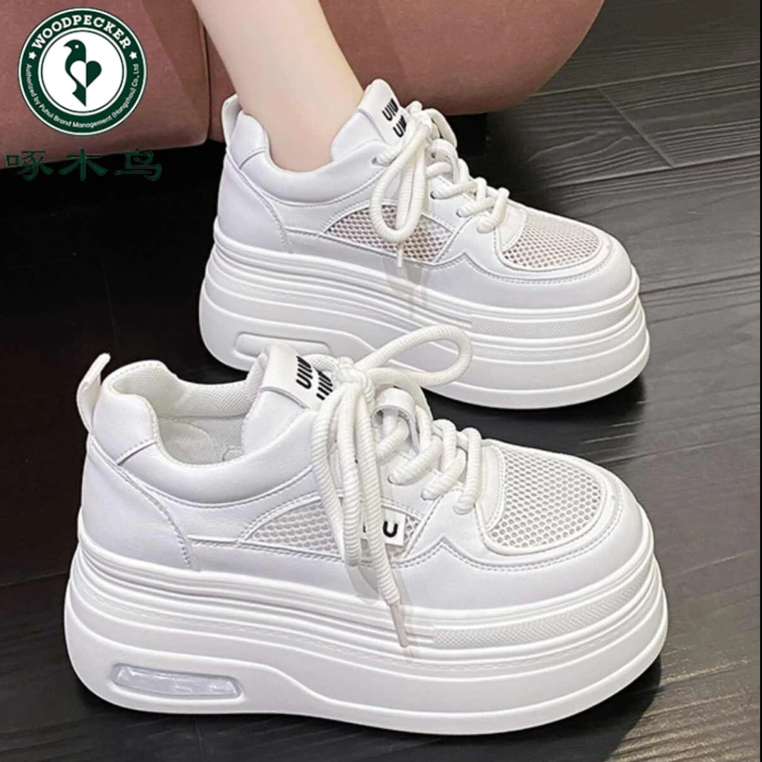 啄木鸟厚底增高小白鞋女2025新款夏季网面透气女鞋百搭休闲松糕鞋