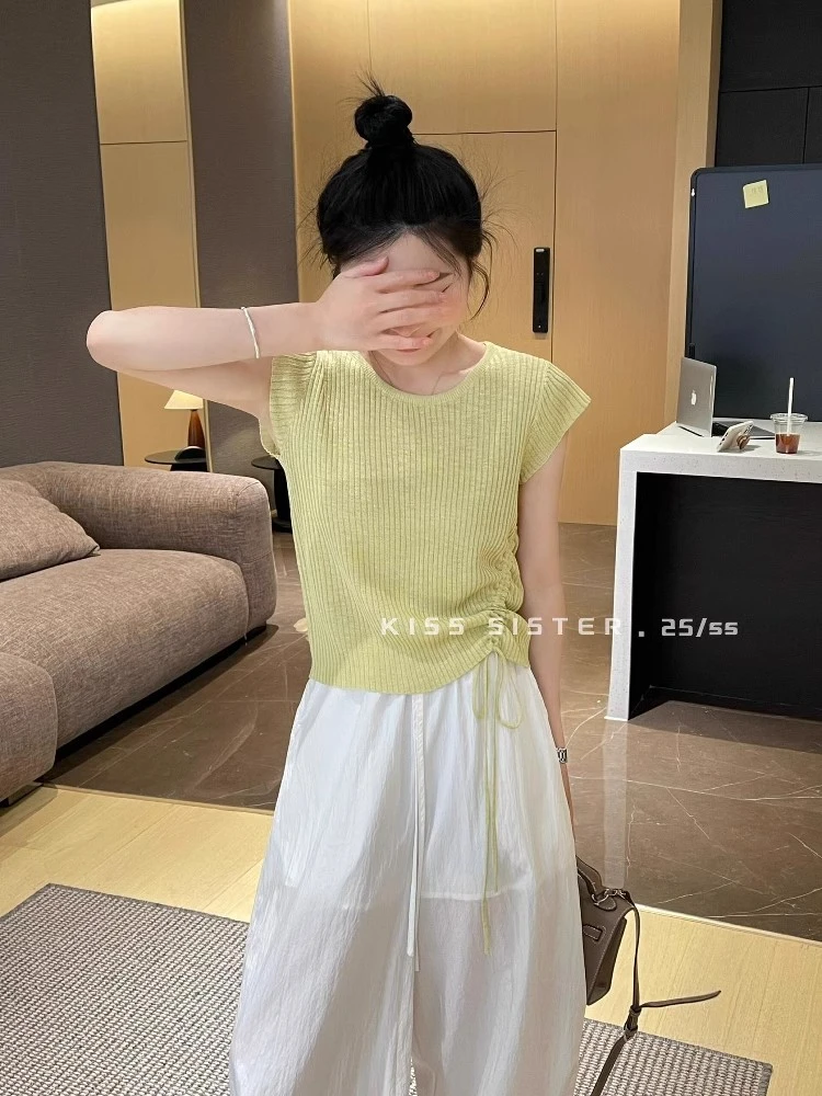 法式飞飞袖灰色冰丝短袖针织t恤女夏季抽绳收腰短款正肩掐腰上衣