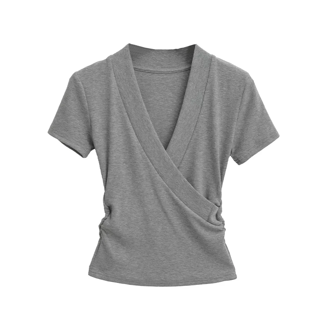 豆子优选-春夏新款辣妹纯欲风V领交叉设计百搭短袖T恤上衣DZ71350