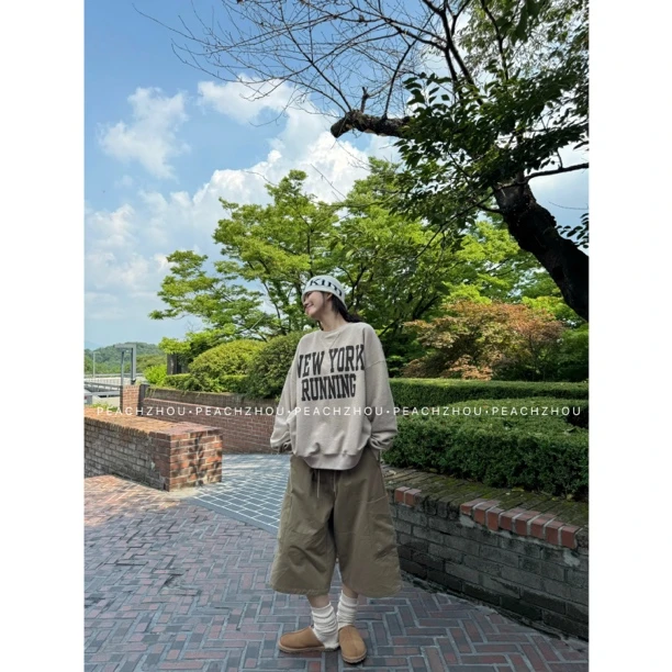 『PEACHZHOU』高密工装口袋压褶宽松休闲松紧系带阔腿老爹七分中裤