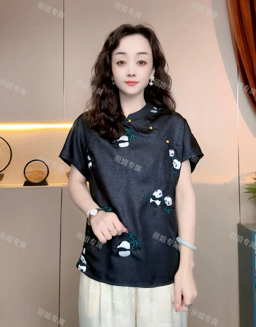 2025新款高端优雅龟裂纹熊猫刺绣盘扣短袖上衣小衫15602