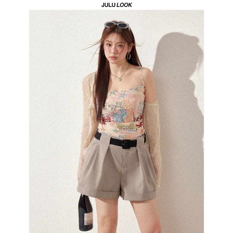 巨鹿工作室“西海岸girl”微胖mm美式复古吊带/罩衫/短裤大码夏季