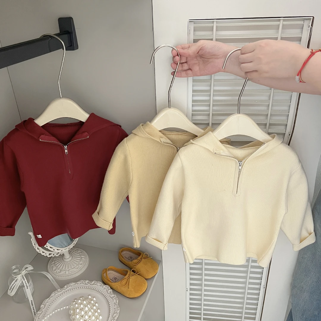 韩式童装毛衣2025春秋新款女童纯色休闲针织上衣宝宝连帽拉链外套