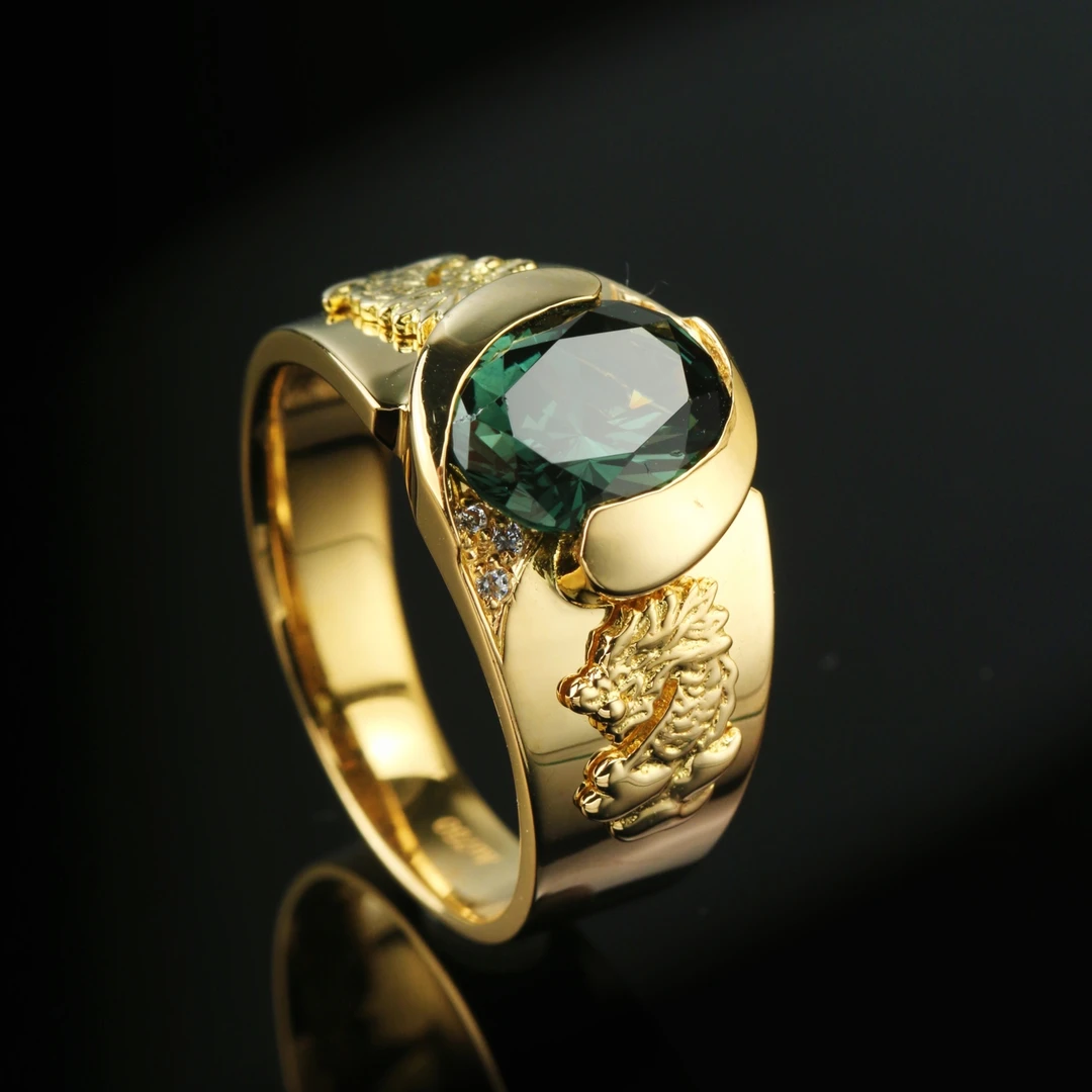 合成锆石18K玫瑰金男士双龙戒复古个性轻奢时尚彩金戒指7.48克