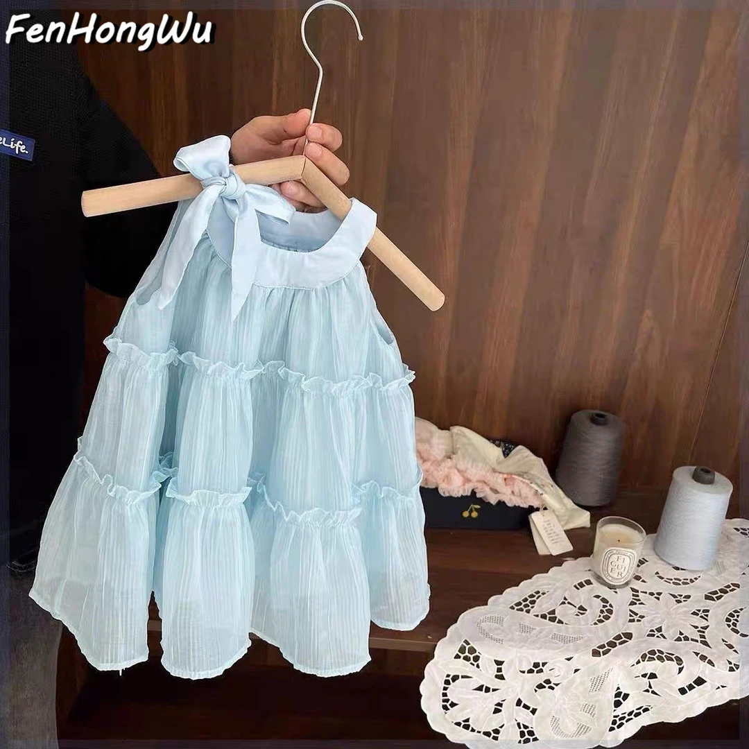 【粉红屋】洋气儿童蓝色公主童装韩版宝宝2025甜美新款无袖背心裙子