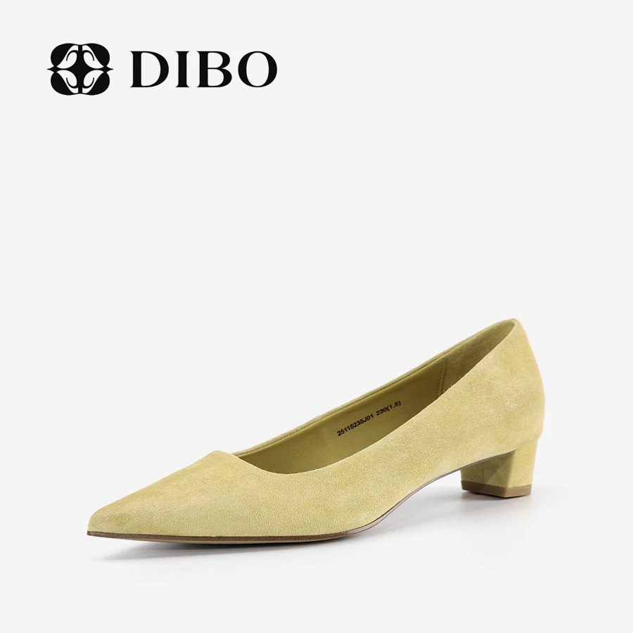 DIBO碲铂 温柔绒面磨砂感粗跟单鞋浅口尖头女鞋25115235