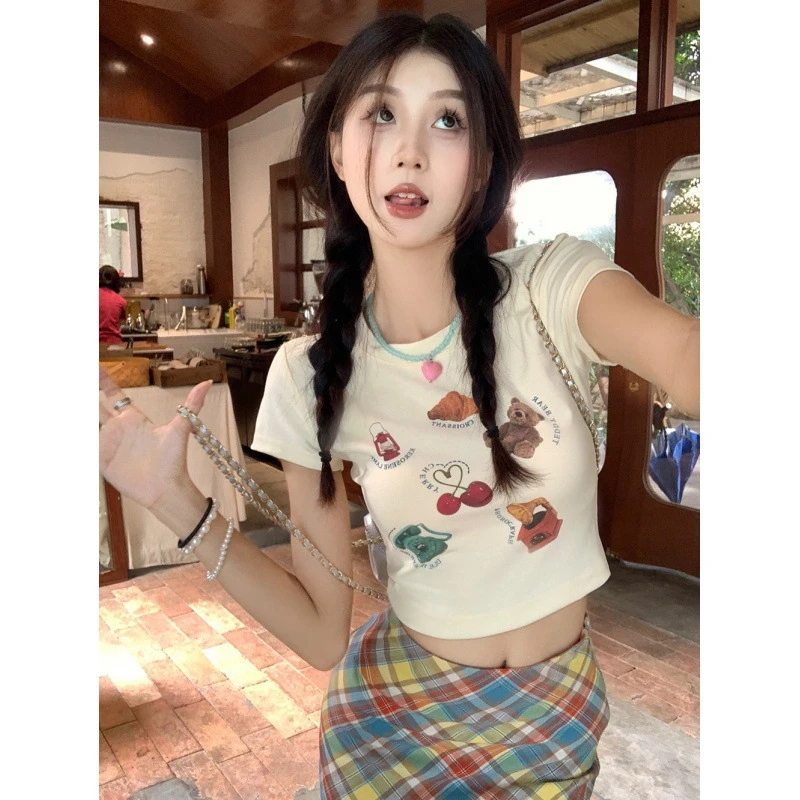T恤短袖女卡通高腰正肩夏季甜辣妹紧身小个子短款上衣多巴胺穿搭