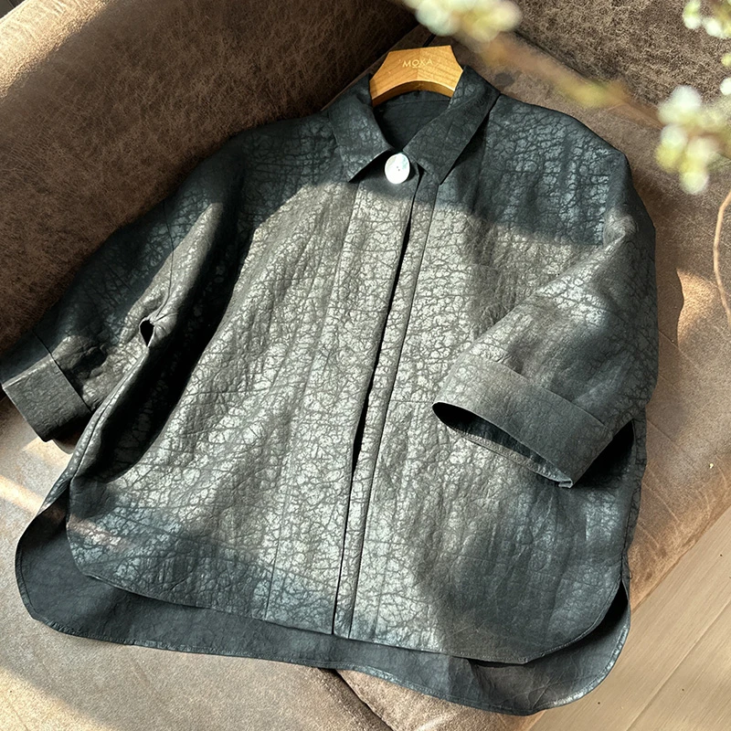 手工制作老料中式桑蚕丝香云纱上衣短袖（240503）