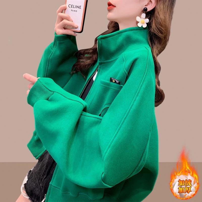 加绒加厚女士卫衣开衫外套2025春秋季新款爆款宽松女装立领短上衣