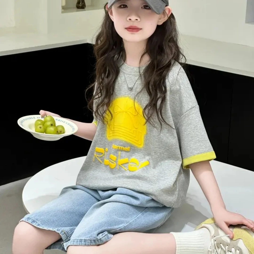 夏季印花套头针织宽松女休闲风卡通动漫百搭韩版女童短袖