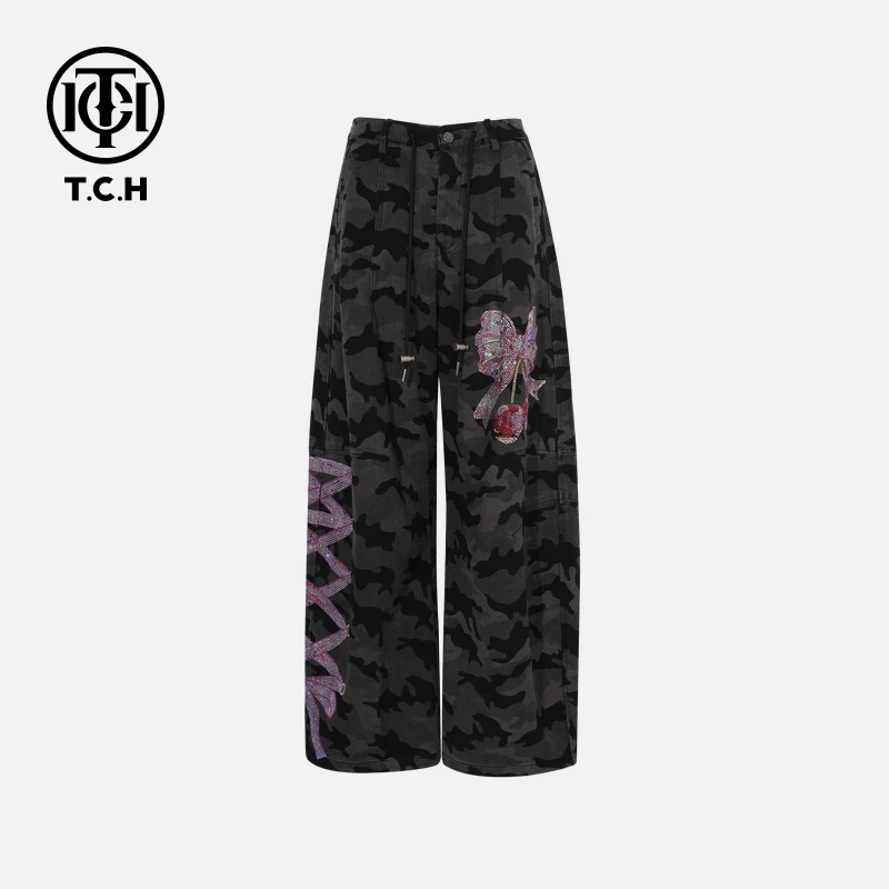 TCH秋款烫钻时尚休闲百搭蝴蝶结牛仔裤女T75C20E5060轻奢tch