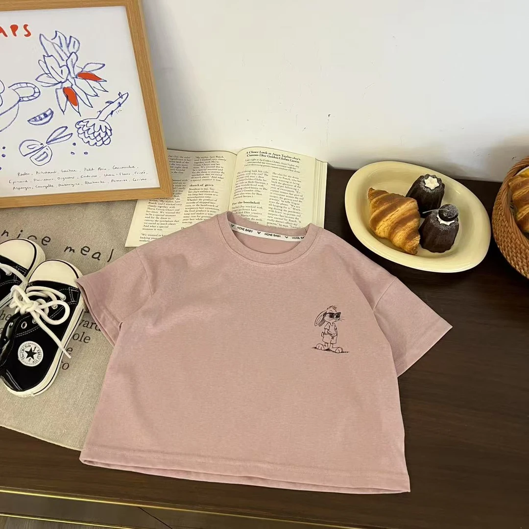 儿童夏季卡通潮酷戴墨镜小兔子短袖H2177