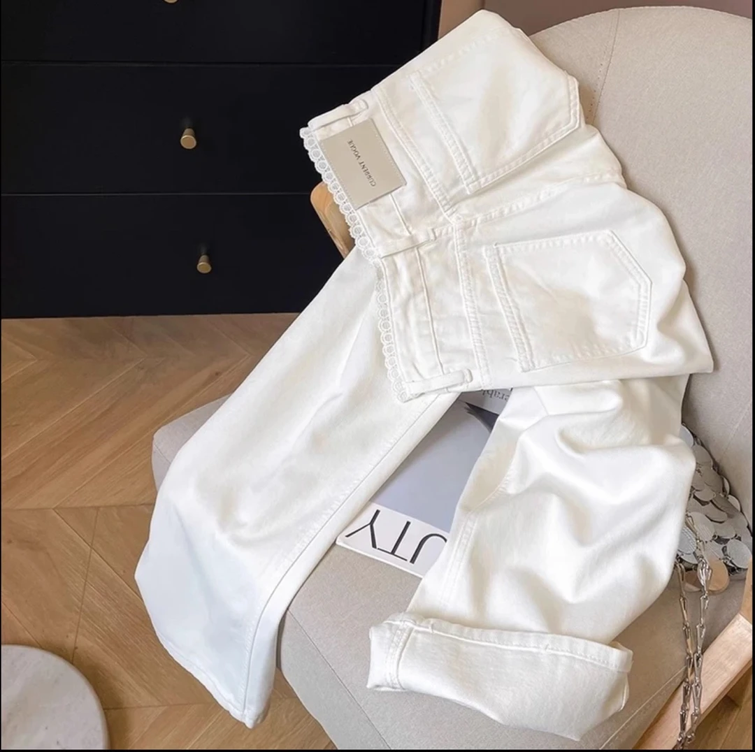 【LSNN!】白色花边拼接设计感牛仔裤夏季薄款高腰显瘦宽松阔腿裤