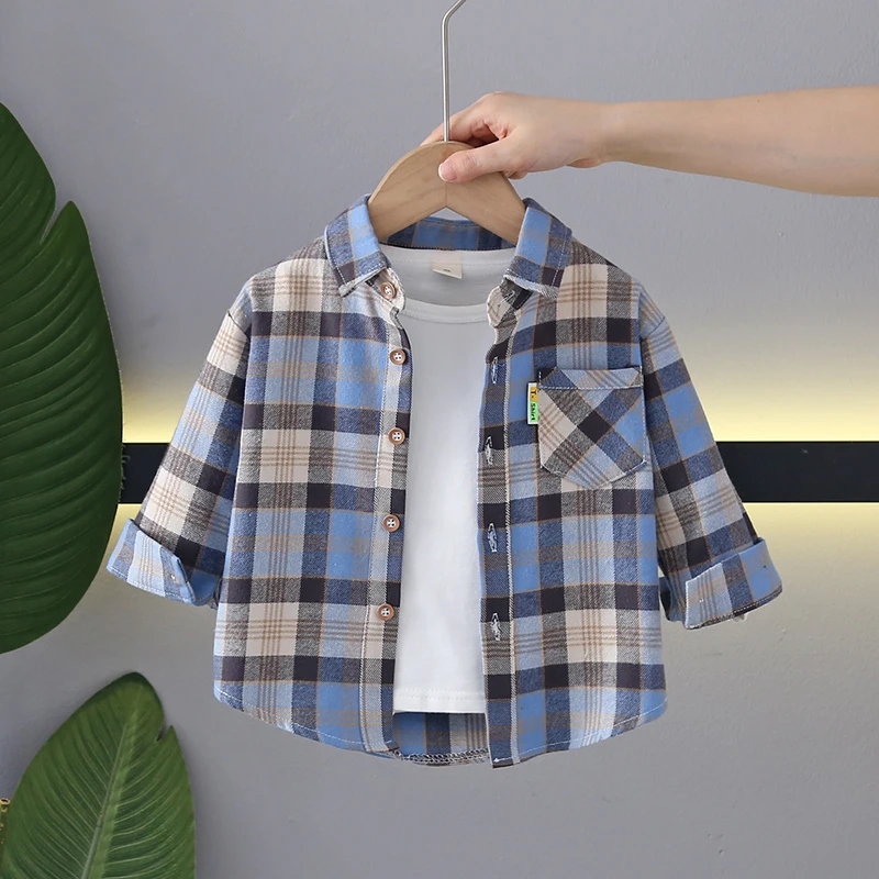 男童秋装儿童纯棉格子衬衫宝宝长袖衬衣小童秋季外套婴儿男宝衣服