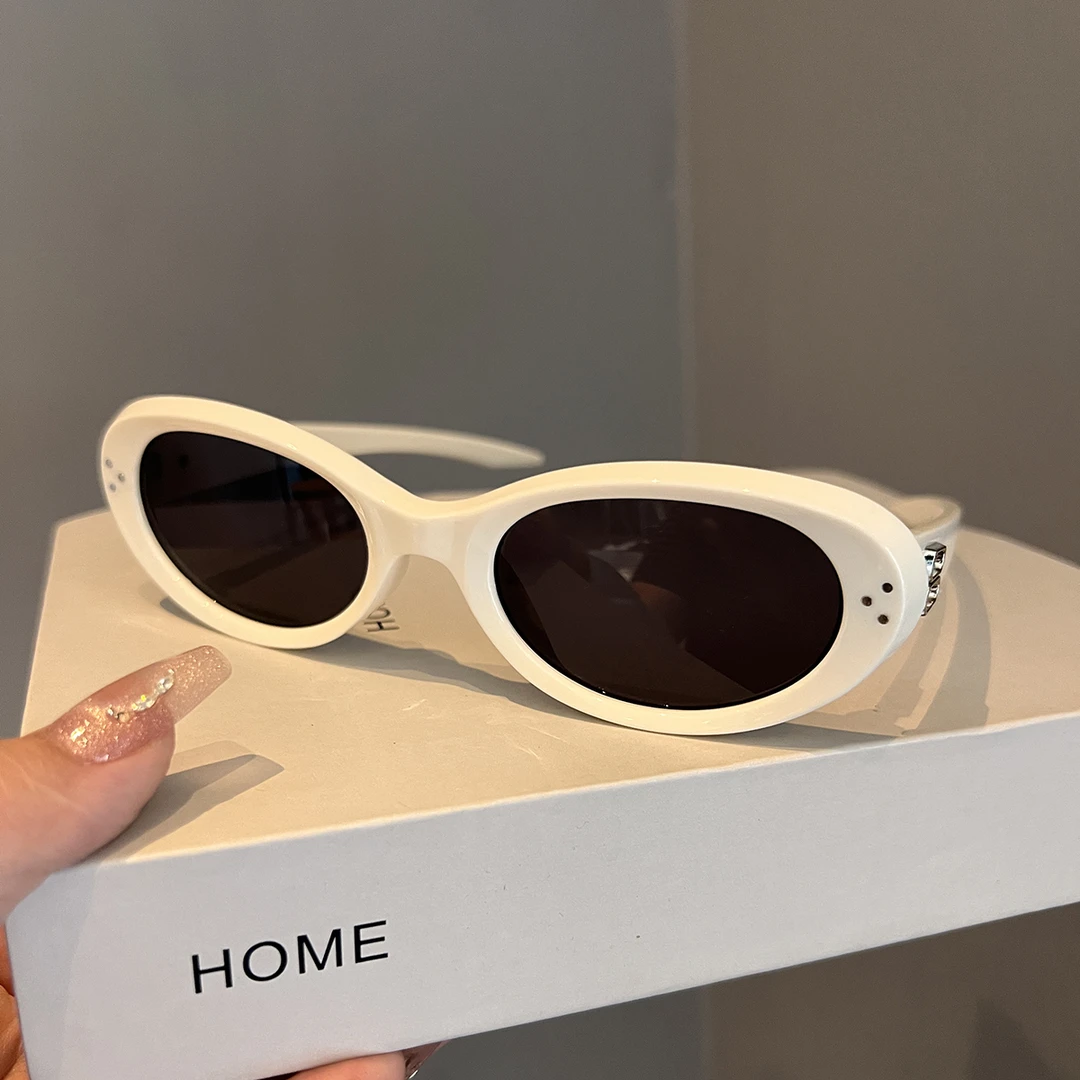 LAOPING韩版甜酷Y2K高级感复古椭圆白框墨镜女猫眼太阳镜防紫外线