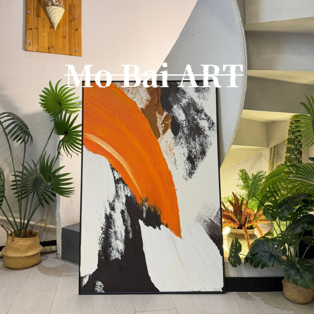 一抹橙手绘立体砂岩肌理油画沙发背景客厅画时尚简约极简装饰画