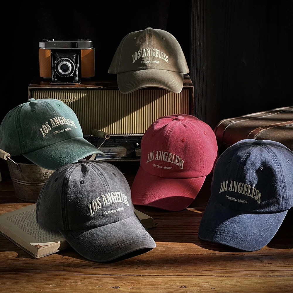 日系复古水洗做旧刺绣鸭舌帽潮流弯檐棒球帽子遮阳软顶美式鸭舌帽