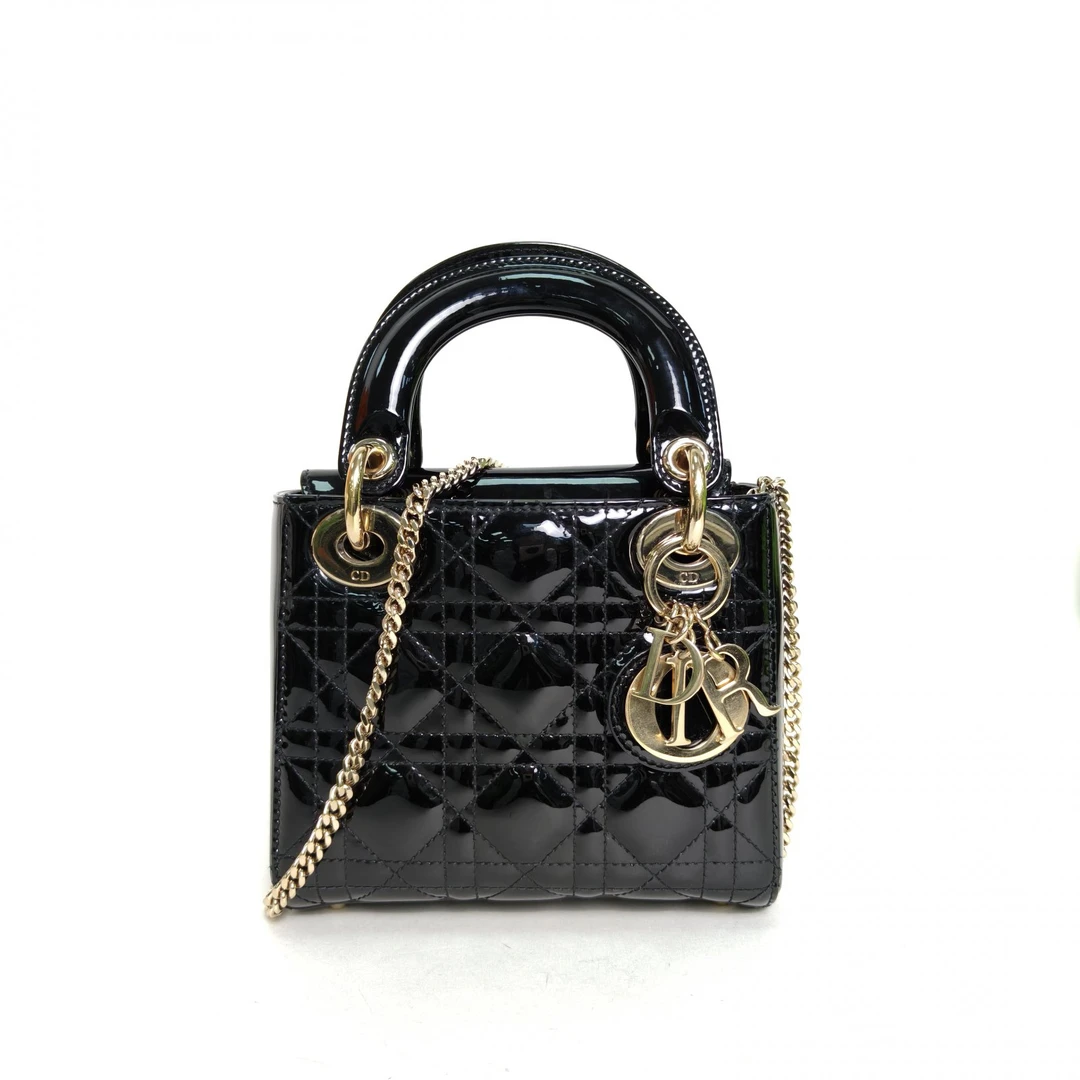 95新 DIOR/迪奥 【黑黑】戴妃包 三格 黑色 漆皮 金扣 2019