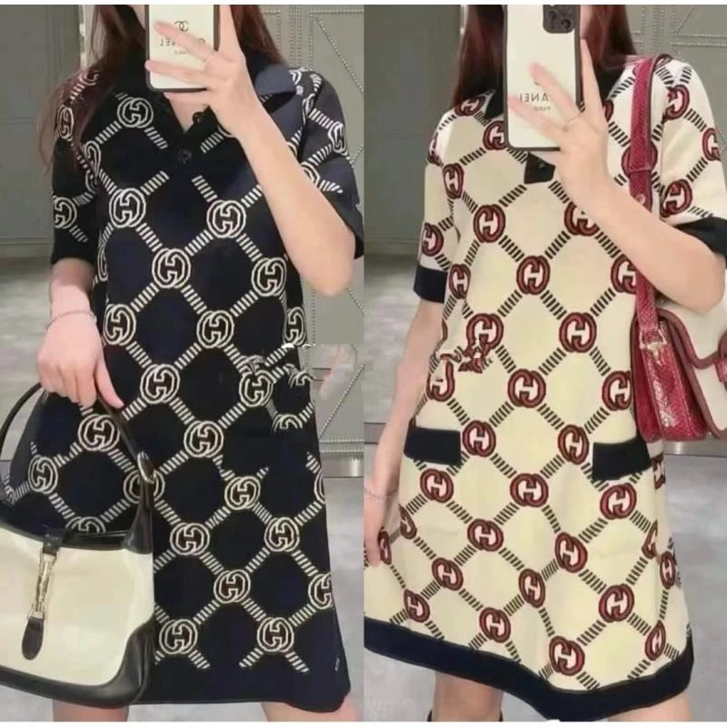 99新 GUCCI/古驰 yy502 羊毛 满印双G两面穿连衣裙 L码