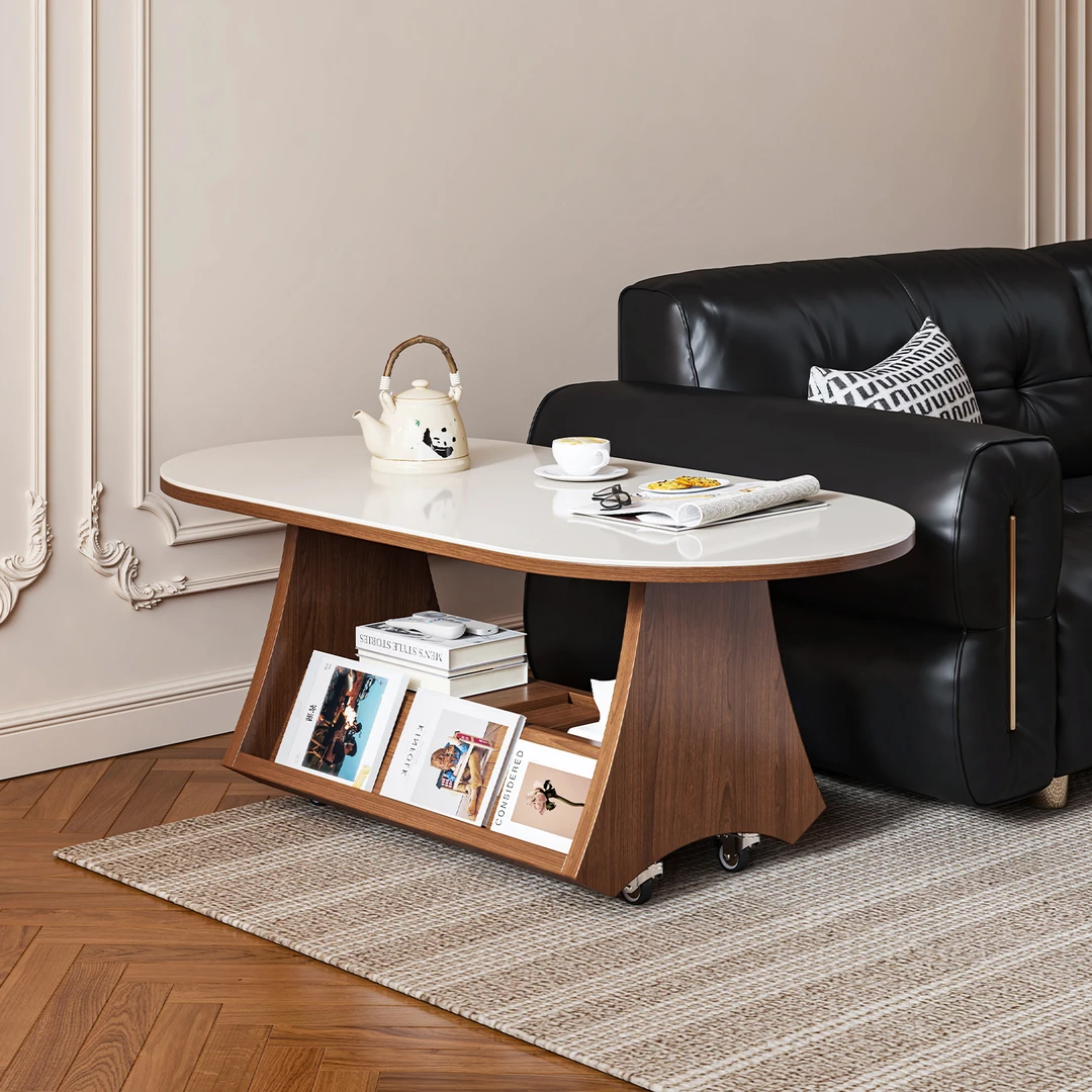 可移动茶几客厅家用中古风小户型岩板实木茶桌椭圆形收纳小推车