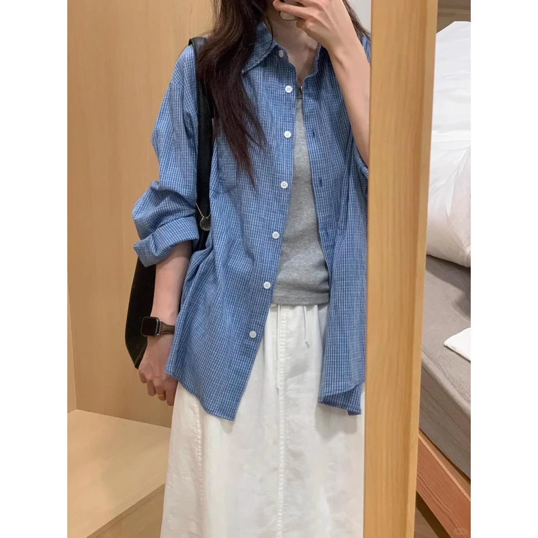 韩版法式蓝色格子长袖衬衫女时尚宽松慵懒风休闲上衣早秋衬衣外套