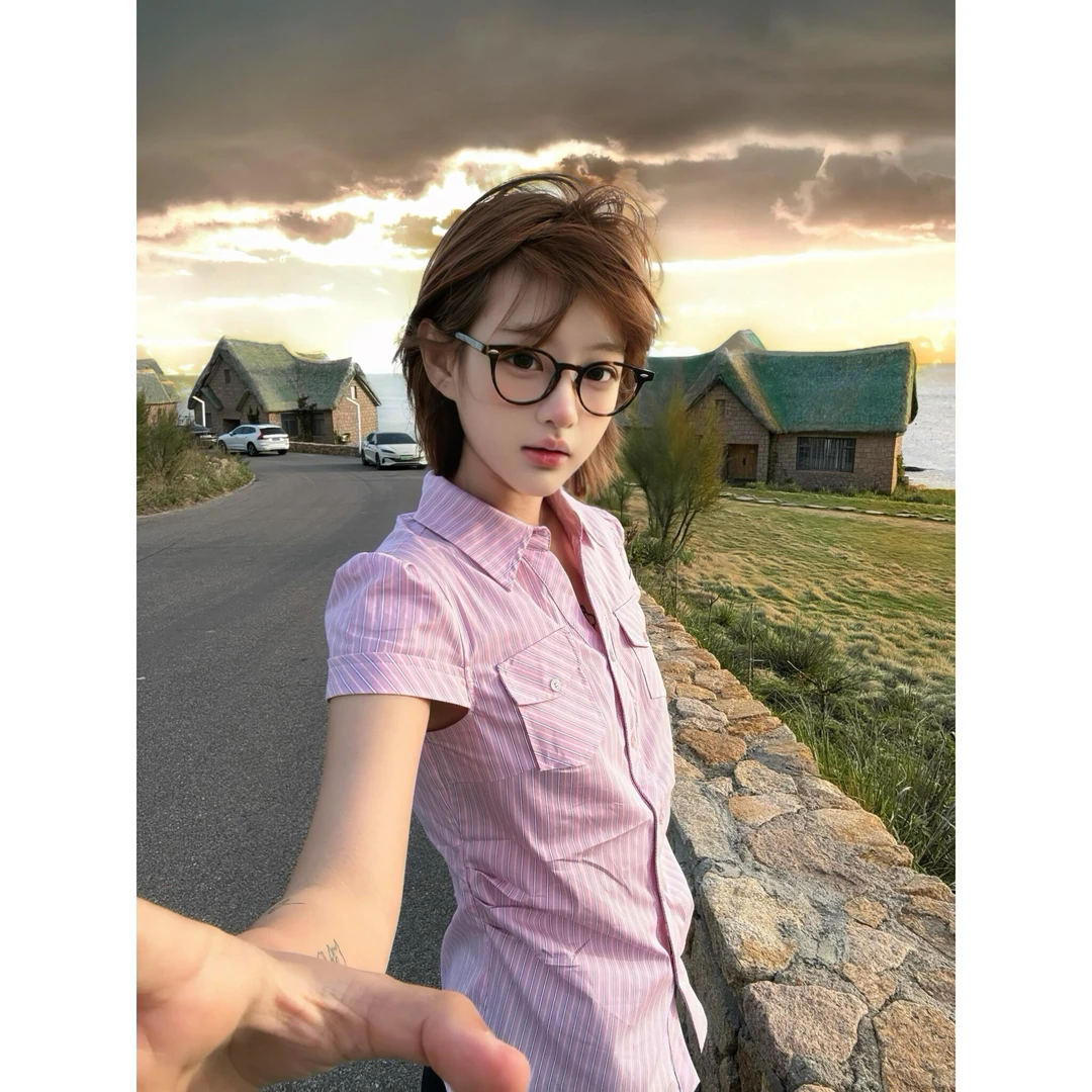 洋气衣服女夏季粉色条纹正肩掐腰剪裁设计感衬衫短袖女上衣百搭潮