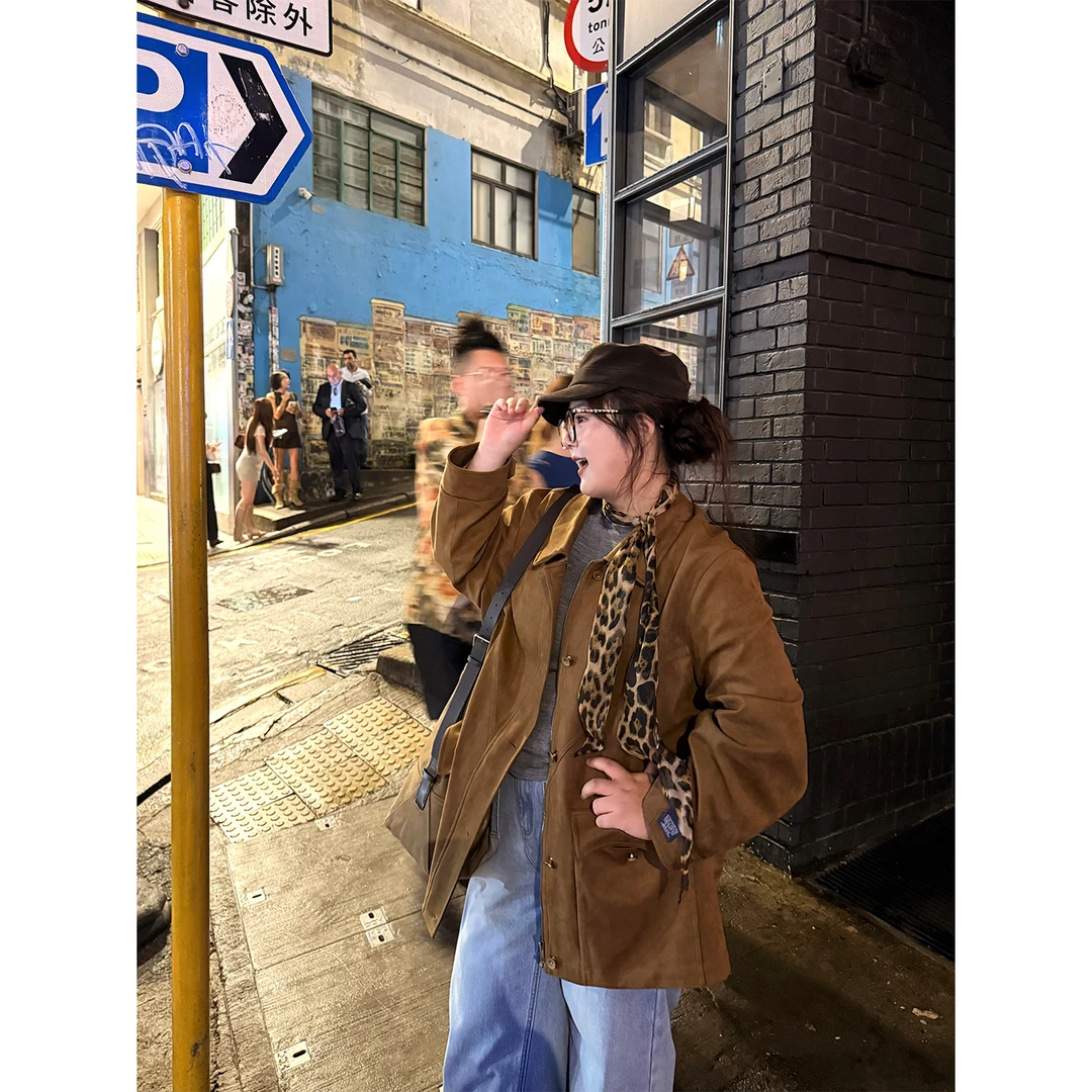 老章和小胖PONGKIKI复古棕麂皮绒外套美拉德棕色小个子咖色上衣