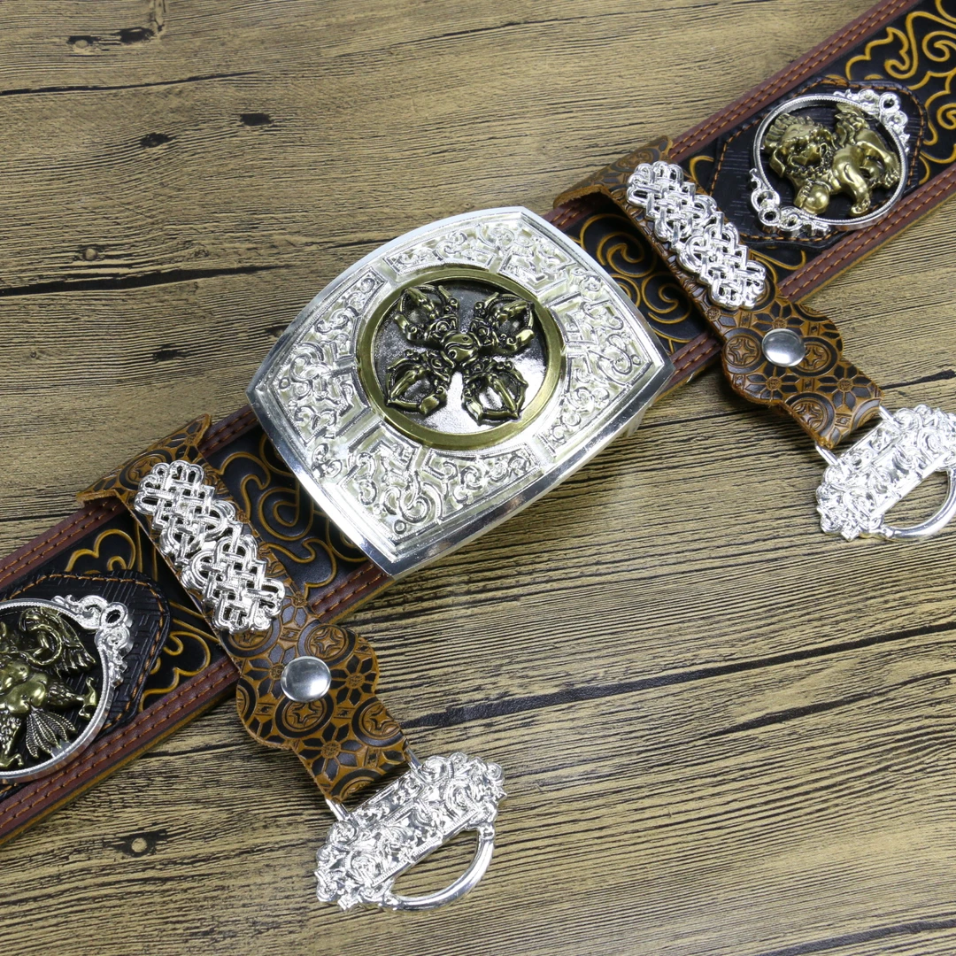 白复古拼色镂空降魔杵蒙古袍腰带腰封金属扣头牛皮民族男式可调