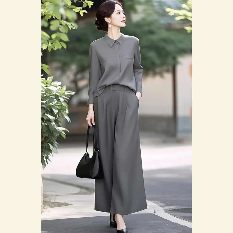 开春穿搭一整套轻奢高级感干练气质气场强大灰色衬衫套装西装裤女