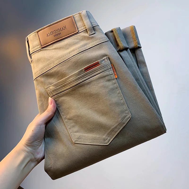 高端质感男士牛仔裤秋季杏色小直筒休闲长裤锥形微跨修身男裤子