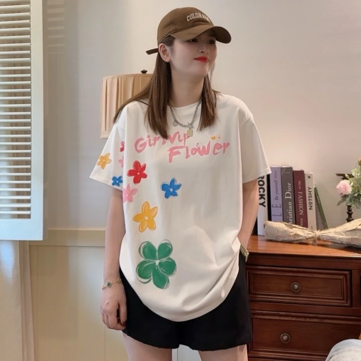 【彩绘】2025夏季新款时尚宽松浪漫花瓣字母印花休闲百搭短袖T上衣