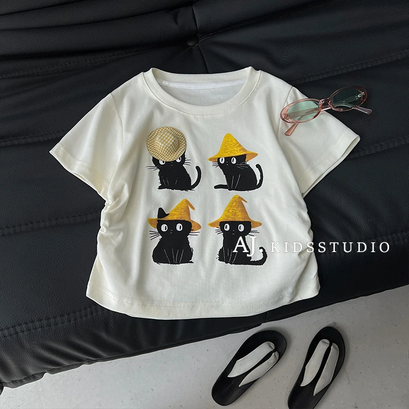 Q【现货】阿卷夏装韩版女童立体帽子猫咪印花休闲短袖T恤MPG6256
