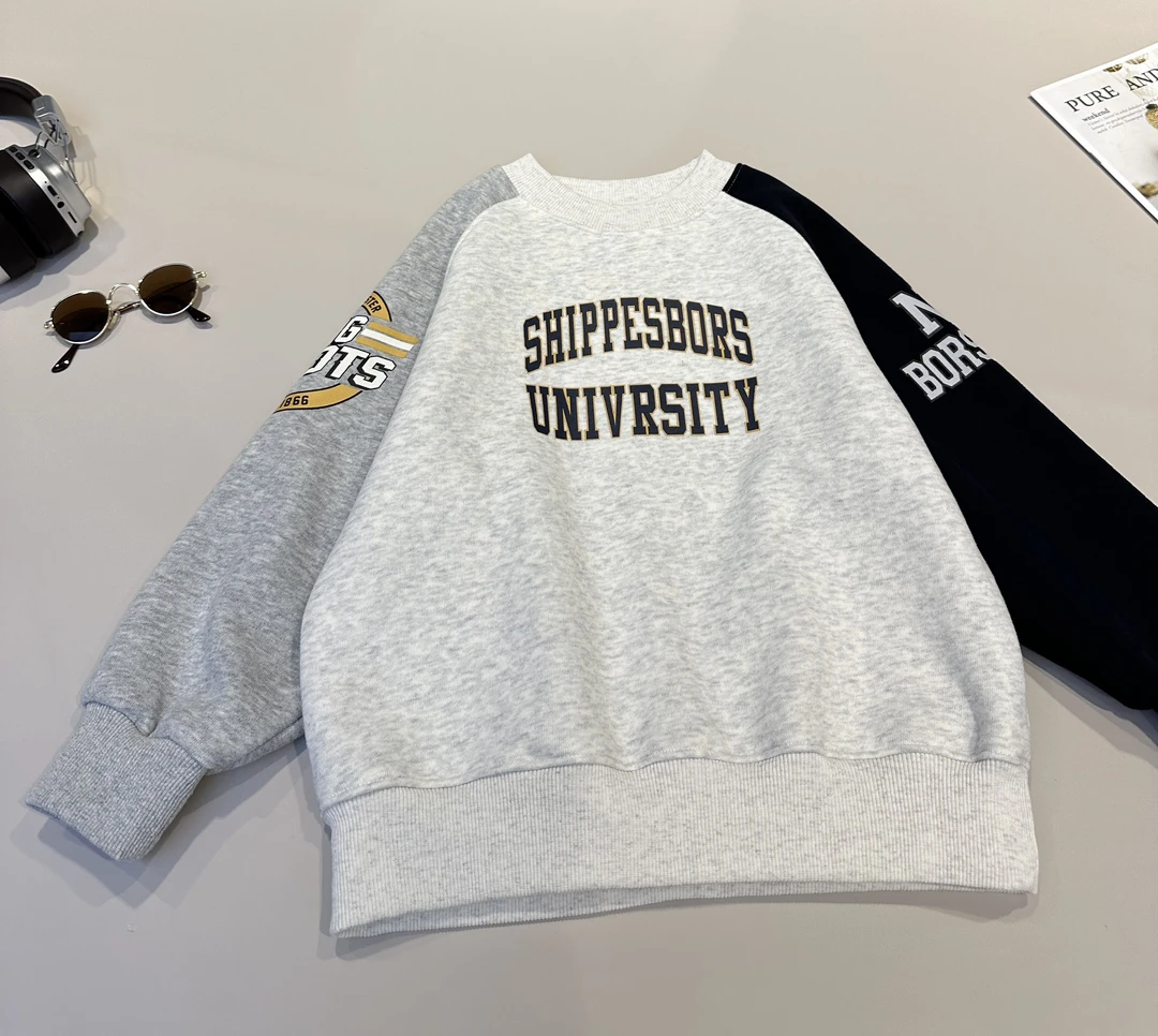 儿童冬装韩范舒适洋气加绒一体绒拼接撞色套头卫衣   25592